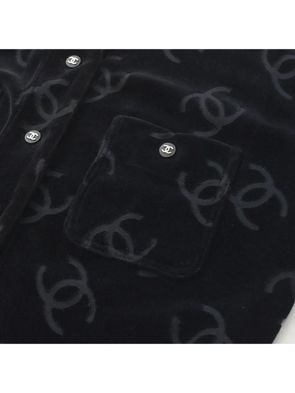 Chanel Jacket Cardigan Vintage CC Logo Coco Buttons Velour Black Silver 40